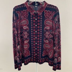 Tommy Hilfiger Women's Long Sleeve Collared Button Up Blouse Paisley Red Navy XL
